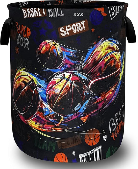 Basketball Graffiti Laundry Basket Foldable Funny Sports Laundry Hamper With Handle Portable Oxford Cloth Clothes Storage Basket Laundry Bag 18.9"x16.5" For Laundry Room/Bedroom/Bathrooms