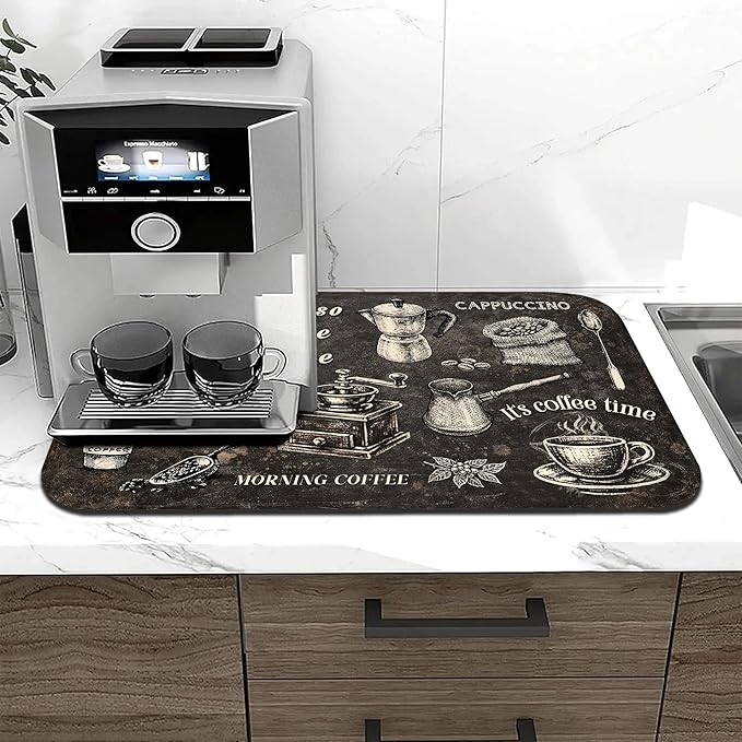 Vintage Coffee Blueprint Coffee Bar Mat 12" x 19", Absorbent Quick-Dry Coffee Drying Mat, Non-Slip Waterproof Countertop Protector for Coffee Station, Espresso Machine