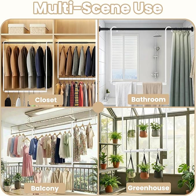 2 Pack Stepless Extender Closet Hanging Rod - Heavy Duty Closet Rods for Hanging Clothes, Adjustable Width & Height, Space-Saving White Closet Organizer for Hanging & Drying, Easy to Install