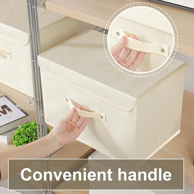 Fabric Storage Bins Cube Organizers with Flip-Top Lid and Handles,Storage Boxes for Organizing Home,Office,and Closet,Beige,3 Pack 13X9.1X7.9 in