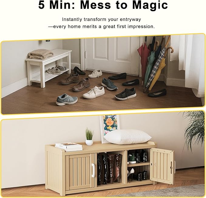 EasyUp Shoe Bench Waterproof,Resin Shoe Cabinet,Outdoor Storage,Industrial Hallway Bench with Adjustable Shelves for Entryway,Living Room,Bedroom(Grey,2 Door)