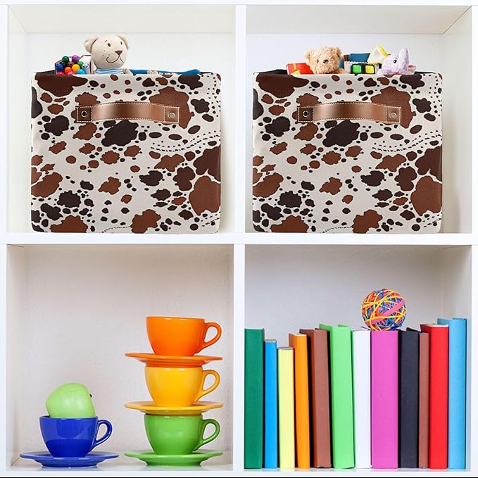 xigua Cow Print Storage Basket Collapsible Storage Bins Waterproof Canvas Storage Basket with Leather Handles for Home Closets Offices,Bedrooms,Gift Baskets,1PCS