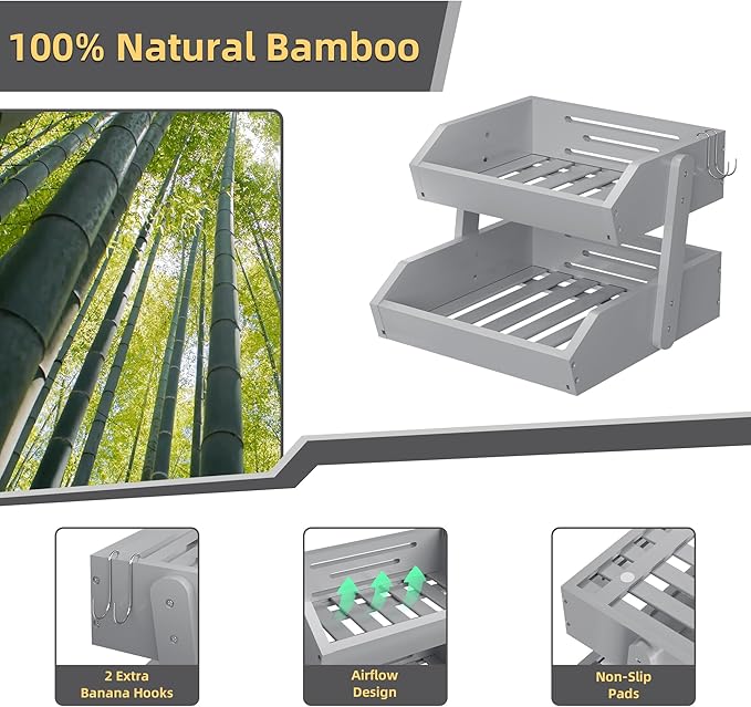 Bamboo 2 Tier Fruit Basket for Kitchen Counter, Large Capacity Fruit Storage Countertop, Fruit Holder, Wood Pantry Organizers and Storage, Kitchen Countertop Organizer With 2 Banana Hangers (Grey)