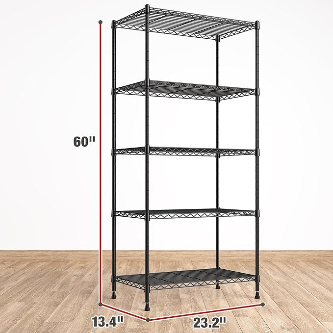 REIBII 5 Tier Wire Shelving, 23.2" W Metal Shelving, Small Space Corner Storage, Adjustable Shelves, Leveling Feet, Metal, for Kitchen, Bedroom, Pantry, Closet,Laundry Room