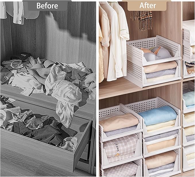 Stackable Plastic Storage Basket-Foldable Closet Organizers and Storage Bins - Drawer Shelf Storage Container for Wardrobe Cupboard Kitchen Bathroom Office (White Large-4 Pack)