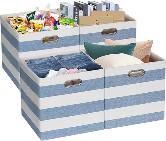 Posprica Storage Basket Bins,11×11 Collapsible Storage Cubes Fabric Drawers for Nurseries,Offices,Closets,Home Décor (Set of 4, Blue-white Striped)
