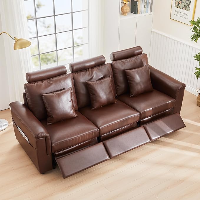 LEVNARY 3-Seater Modular Reclining Sofa, Upholstered Faux Leather Power Recliner Couch with 3 Electric Seats, 3 Pillows & Side Pockets, Adjustable Back & Footrest, Living Room Furniture (Brown)
