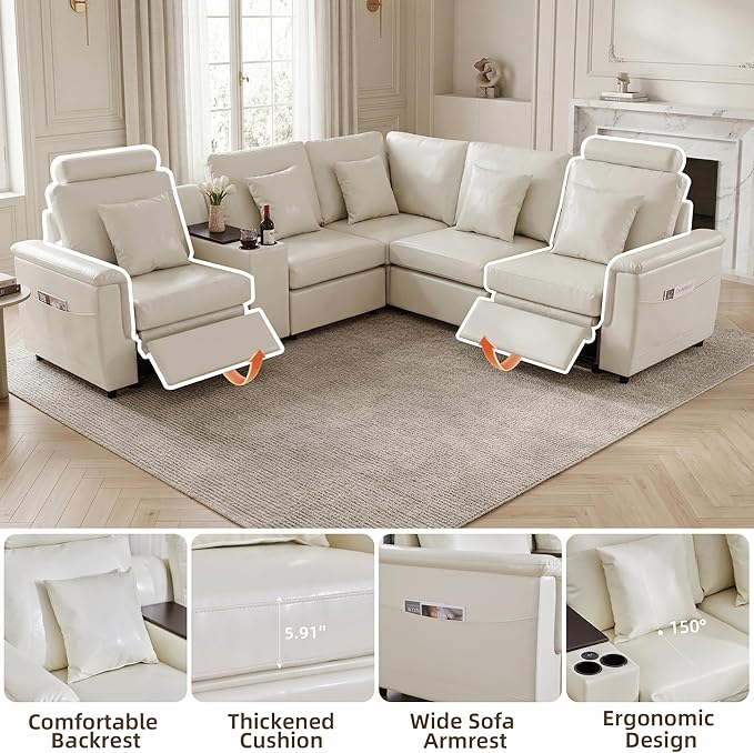 LEVNARY 5-Seat L Shaped Modular Sectional Sofa with Power Recliners, Upholstered Faux Leather Couch Storage Console with Charging Ports & Cup Holders, Living Room Couch Set for Home Office (White)