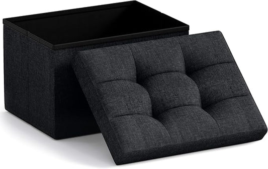 Ornavo Home Small Storage Ottoman Foldable Collapsible Rectangle Linen Ottoman Foot Rest Stool Seat, for Living Room, Bedroom, Home Office, Dorm - 12 x 16 x 12, Black