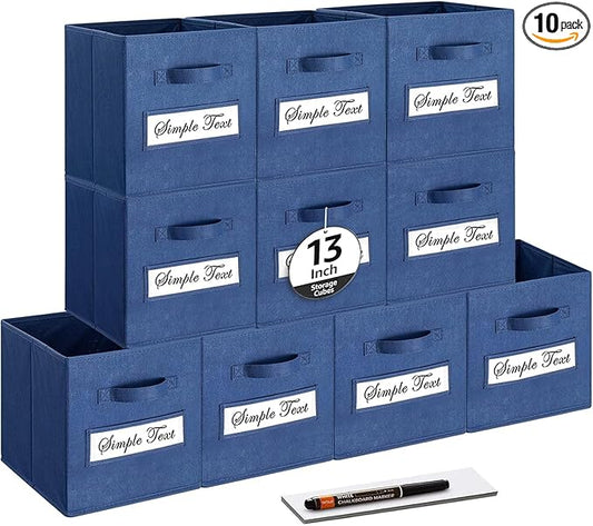 artsdi 13x13x13 storage cube bins (Set of 10) Fabric storage cubes with 10 Labels Window Cards & a Pen, storage cubes 13x13, Collapsible 13 inch cube storage bins, Cubby Organizer Boxes, Navy Blue