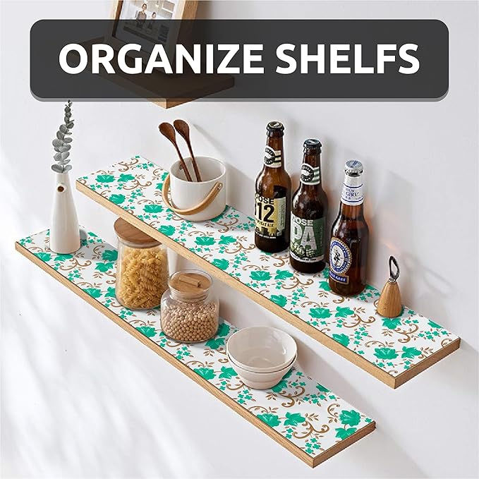 18X96 Inch Shelf Liner for Kitchen Cabinets, PVC Drawer Liner for Dresser Non-Slip Bathroom, Non-Adhesive Cabinet Liner Washable (Green Floral)(1 Roll)