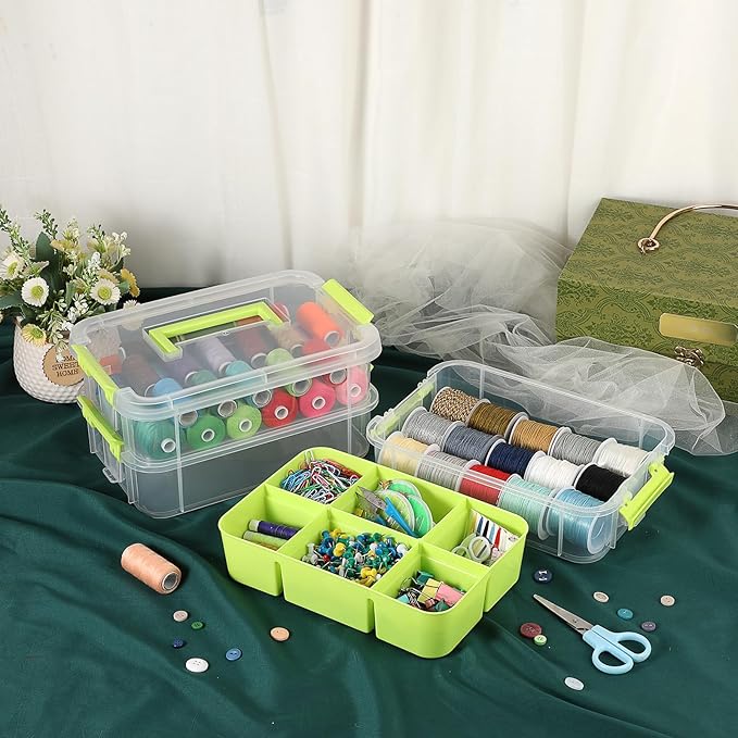 JUXYES 2 Pack 3-Tiers Stack Carry Storage Box With Divided Tray, Transparent Stackable Storage Bin With Handle Lid Latching Storage Container for School & Office Supplies, Green