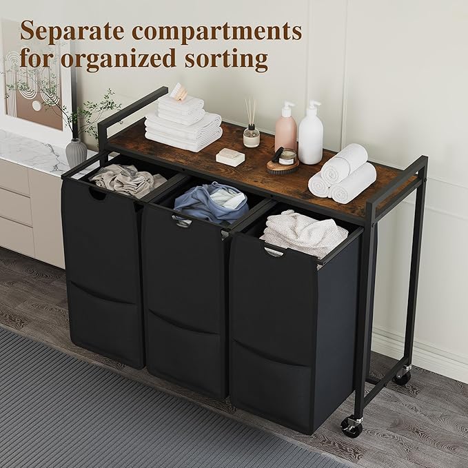 Laundry Sorter with Wheels & 100lb Top Shelf, Rolling 3 Section Removable Pull-Out Fabric Bags Hamper Basket, Sturdy Rustic Brown Black Iron Organizer for Room Organization