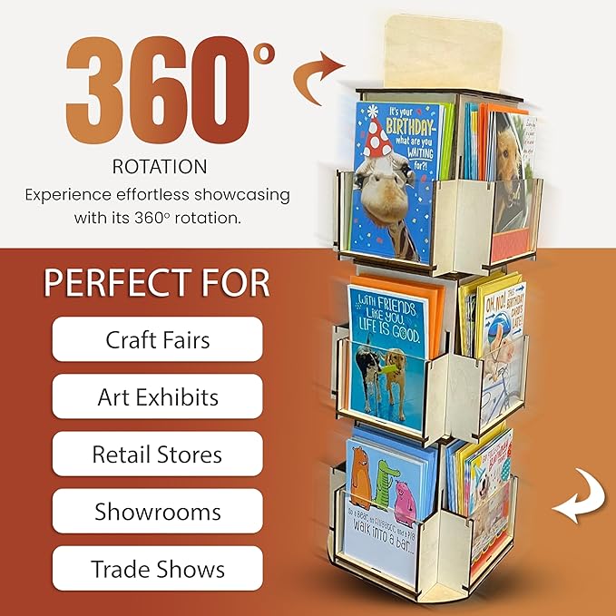 Rotating Greeting Card Display Stand, 3 Tier Wooden Organizer, 4-Sided Display Rack Spinning Multi-Pocket Display for Coasters, Stickers, Retail, Tradeshow - A4, A6, A7, 5"x7", 4 bar (Natural)