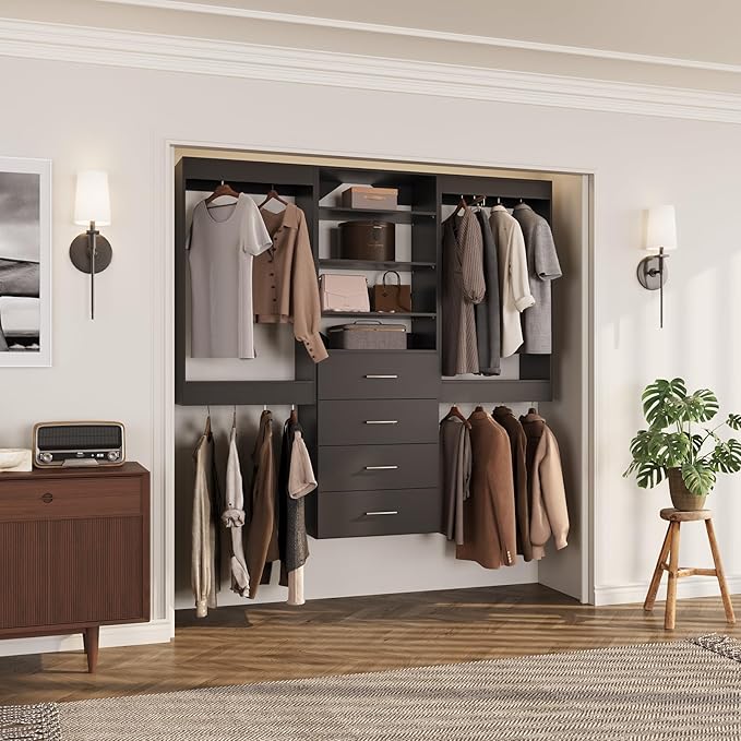 ROOMTEC Modular Closet System, 66" Wall-Mounted Closet Organizer with Drawers and Hanging Rods, Wooden Tower for Walk-In Closets, Wardrobe Storage Kit, Black