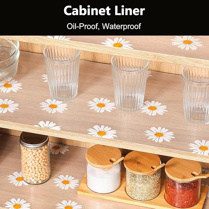 INNOLITES Shelf Liners for Kitchen Cabinets – Drawer Liner Waterproof & Oil-Proof, Non-Adhesive EVA with Floral Pattern – Durable Washable, Easy to Clean (Clean Daisy, 17.5" x 78.7")
