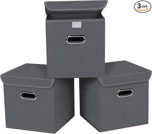 Closet Organizers Fabric Storage Bins With Lids Collapsible Cube Storages Organizer Basket With Handles,Storage Boxes for Clothes Storage,Office,Toys,3 Pack,（Grey