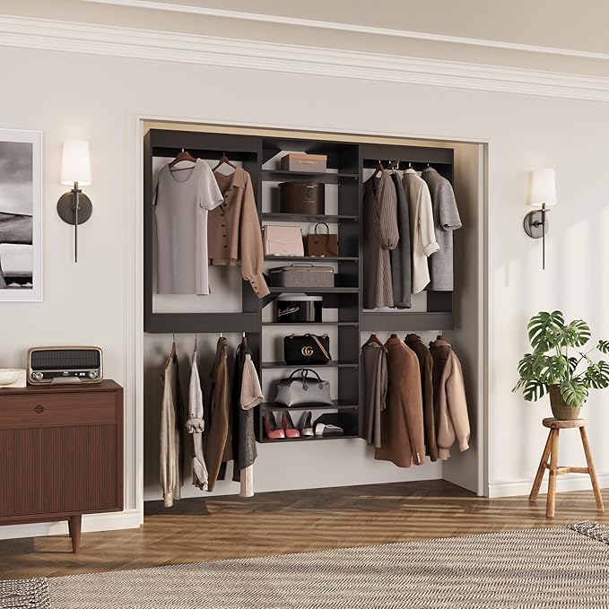 ROOMTEC Modular Closet System, 90" Wall-Mounted Closet Organizer with Hanging Rods and Shelves, Wooden Tower for Walk-In Closets, Wardrobe Storage Kit, Black