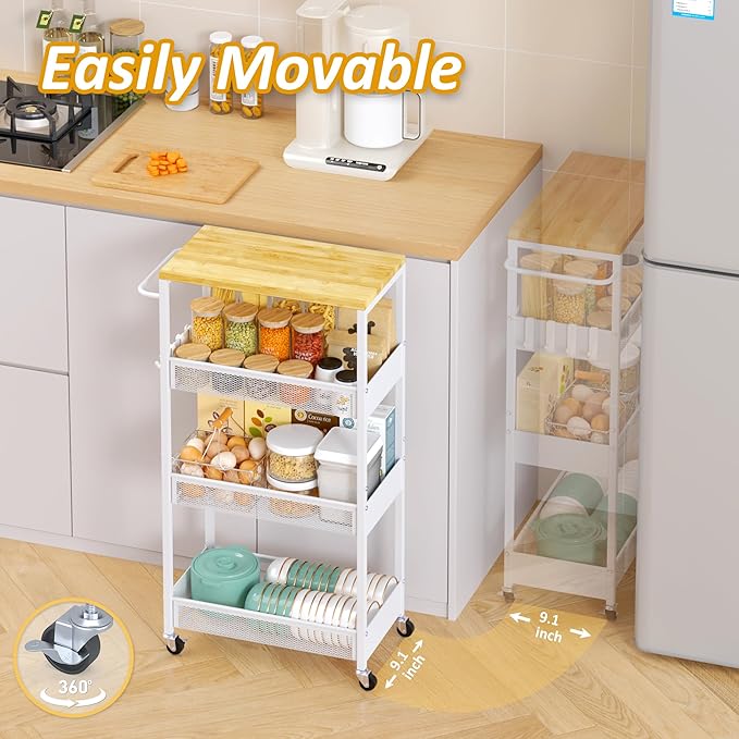 Vincona Slim Rolling Utility Cart, 4 Tier Metal Narrow Storage Cart with Handle and Wood Top, Multifunctional Small Mobile Shelf Unit Organizer Trolley for Laundry, Bathroom, Kitchen
