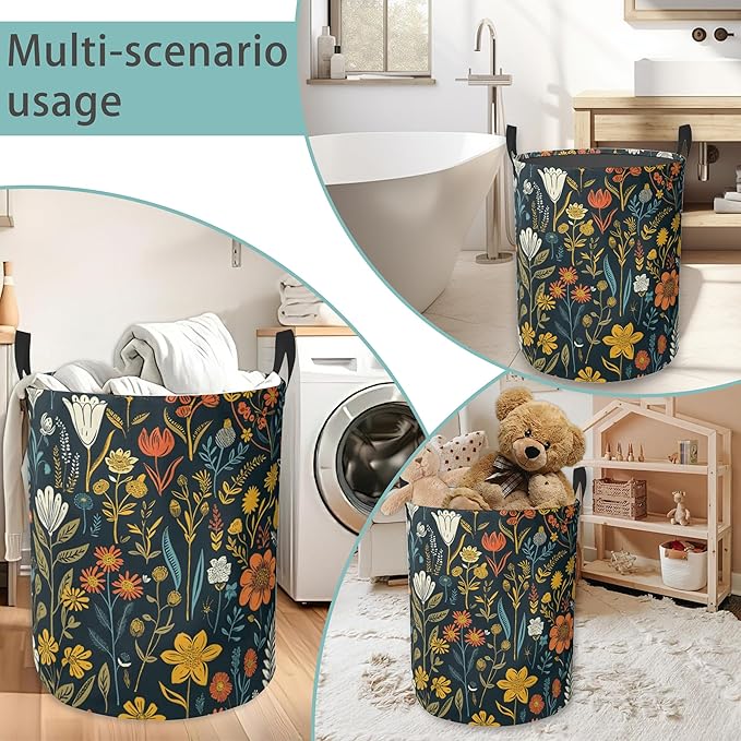 Wildflowers Laundry Basket With Handles Tote Bag Oxford Cloth Funny Laundry Hamper Clothes Storage Bucket Toy Organizer 16" X 20.8"For Bathroom/Laundry/Bedroom