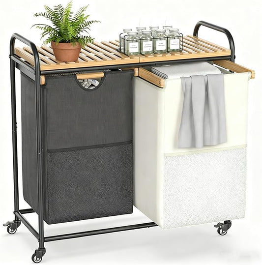 BambooHomie Laundry Sorter 2 Section, Laundry Hampers with Removable Shelf and Pull-Out Bags, Rolling Cart Clothes Hampers Basket with Wheels for Laundry Room Bathroom, 2 x 46 L
