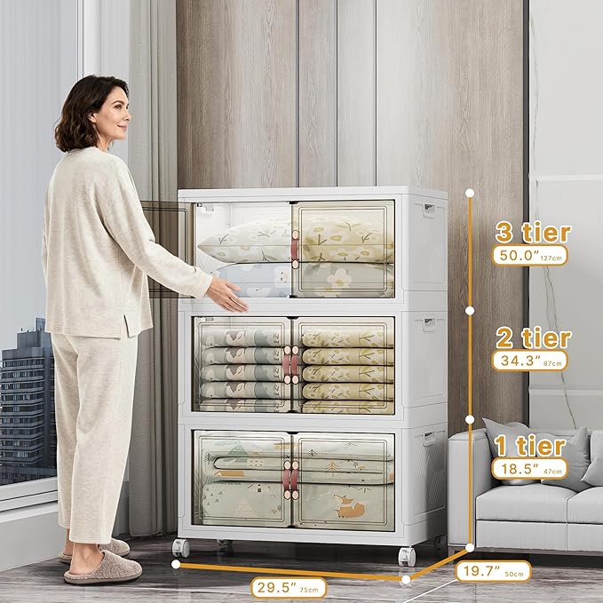 UAMFURI Stackable Storage Bins with Lids, 1050QT Closet Organizers and Storage with Doors and Wheels, Extra Large Storage Cabinet, Collapsible Plastic Drawers for Bedroom Kitchen Office Garage