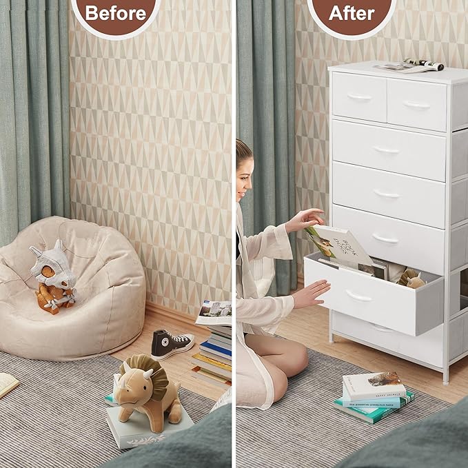 Crestlive Products Vertical Dresser Storage Tower - Sturdy Steel Frame, Wood Top, Easy Pull Fabric Bins, Handles - Organizer Unit for Bedroom, Hallway, Entryway, Closets - 7 Drawers (White)