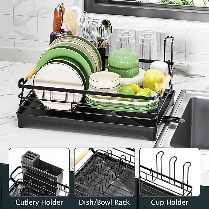 Epicano Dish Drying Rack for Kitchen Counter - Large Capacity Dish Rack with Wooden Handle,Cup Holder & Knife Slots, Rustproof Dish Drainer with Auto-Drainage System, Kitchen Sink Organizer, Black