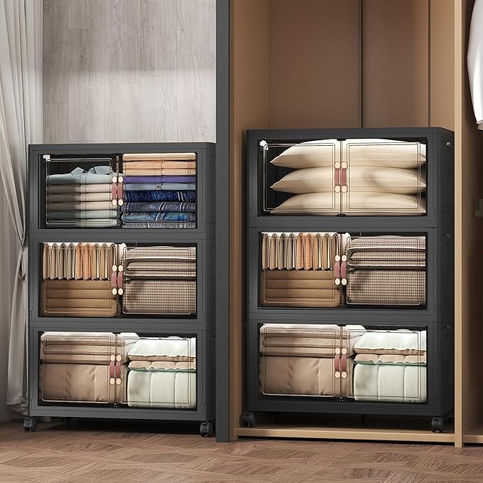 UAMFURI Extra Large Stackable Storage Bins with Lids & Wheels, 504QT-168QT/42GAL*3Pack Foldable Collapsible Closet Organizers Storage Cabinet with Doors for Bedroom Dorm