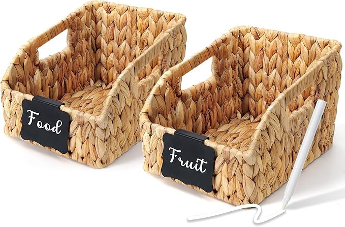 Wicker Baskets for Organizing, Pantry Baskets with Built-in Handles, Handwoven Wicker Storage Basket, Water Hyacinth Storage Bins for Shelves, Small - 2pcs, Natural