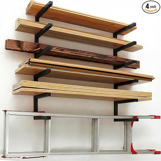 MOOMSINE Lumber Storage Rack Wall Mounted, 6-Level Holds Up 1200 Lbs Heavy Duty Wood Organizer, Metal Shelf for Shed, Workshop, Garage - 4pack - Black