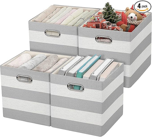 Posprica 3X Thicker Storage Bins Storage Cubes,11×11 Collapsible Storage Boxes Containers Organizer Baskets for Nursery,Office,Closet,Shelf - 4pcs, Grey-white Striped