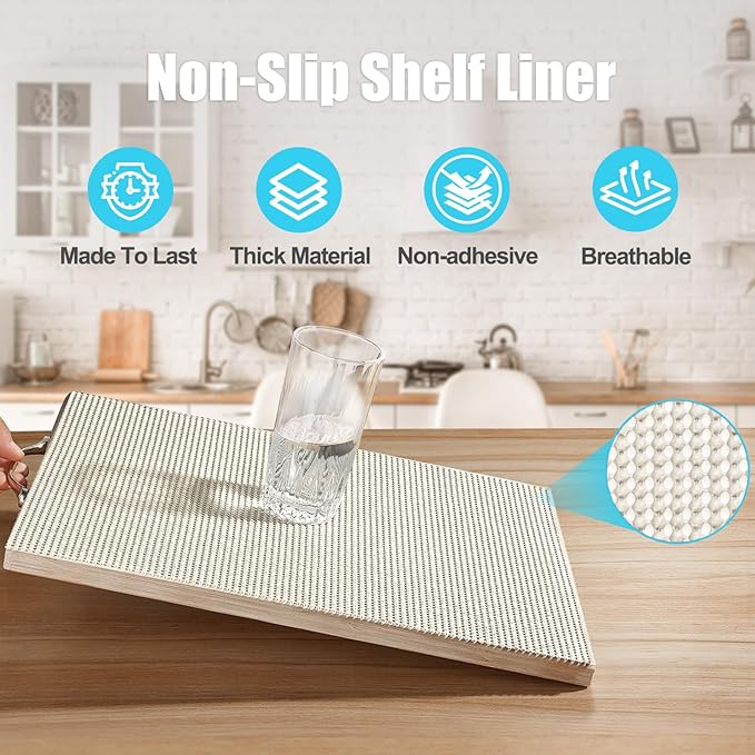 Songrey Non-Adhesive Drawer and Shelf Liner, Non Slip Cabinet Liners, Protect Kitchen Cupboard, Bathroom Drawers, Breathable, Thick Strong Grip mat (20IN x 20FT, Cream)
