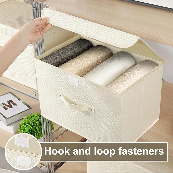 Fabric Storage Bins Cube Organizers with Flip-Top Lid and Handles,Storage Boxes for Organizing Home,Office,and Closet,Beige,5 Pack 15 x 9.8 x 9.8 in