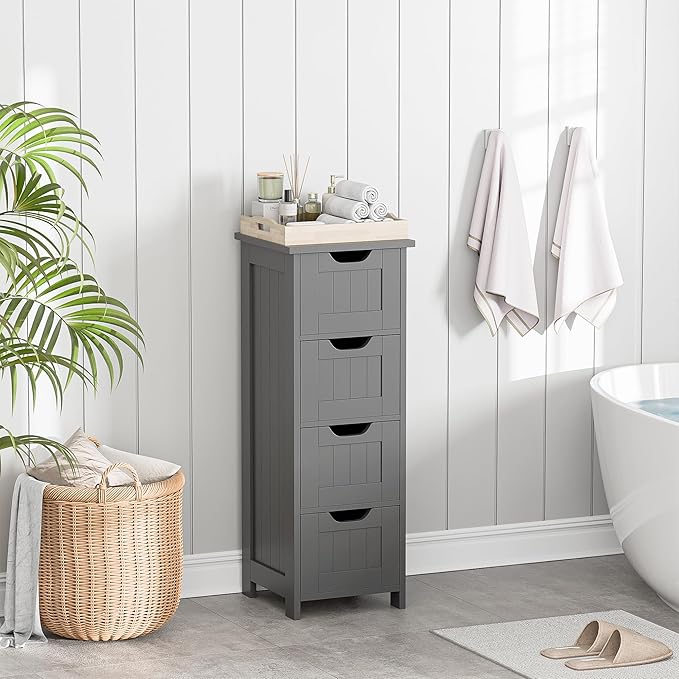 SUPER DEAL Small Bathroom Storage Cabinet with 4 Drawers, Freestanding Narrow Wooden Side Storage Organizer for Bathroom Hallway Living Room, Grey