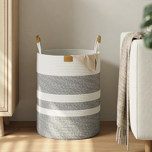 Nunsino 62L Striped Laundry Hamper with Leather Handles,Large Foldable Laundry Basket for Clothes,Cotton Rope Storage Bin for Blankets,Woven Clothes Basket for Bedroom,Gray Stripes