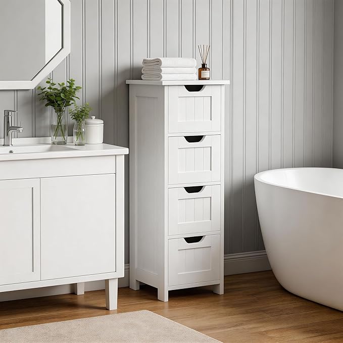 SUPER DEAL Small Bathroom Storage Cabinet with 4 Drawers, Freestanding Narrow Wooden Side Storage Organizer for Bathroom Hallway Living Room, White
