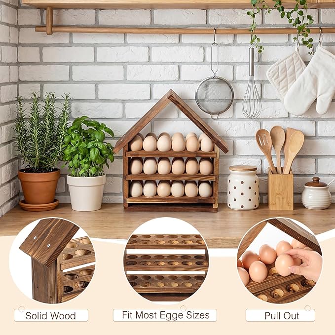 Remerry Wooden Egg Holder Countertop 3 Tier House Shape Fresh Egg Storage 36 Hole Pull out Eggs Racks Basket for Home Craft Room Farmhouse Kitchen Counter Organizer(No Door)