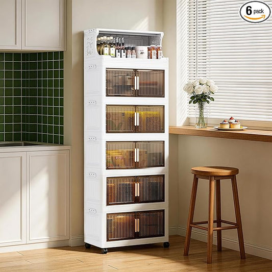 6 Tier Plastic Storage Bins with Top Open Shelf, Folding Storage Box with Doors and Wheels, Stackable Closet Organizers for Living Room, Office, Dorm