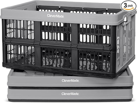 CleverMade Collapsible Utility Crates, Stone, 3-Pack, 45L/11 Gal, 66 lbs Capacity, Stackable, Space-Saving