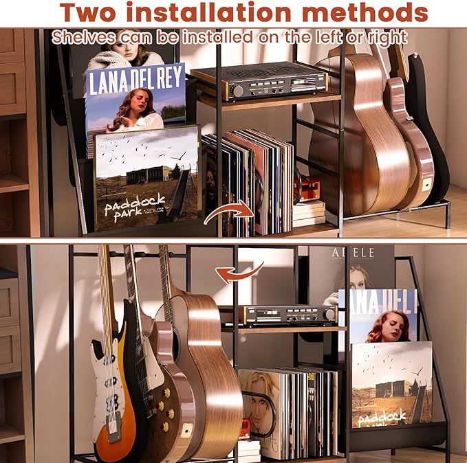Multi-Guitar Stand & Record Player Stand with Storage Shelf, 3-in-1 Adjustable Black Guitar Rack for Acoustic/Electric Guitars & Bass, Vinyl Record Storage with Display Shelf, for Home Music Studio