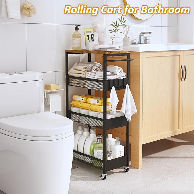 Vincona Slim Rolling Utility Cart, 4 Tier Metal Narrow Storage Cart with Handle and Wood Top, Multifunctional Small Mobile Shelf Unit Organizer Trolley for Laundry, Bathroom, Kitchen