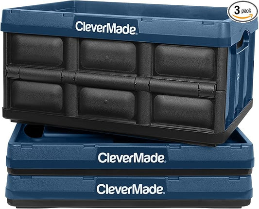 CleverMade Collapsible Storage Bins 32L 3 Pack – Heavy Duty Foldable Storage Bins with Built-In Handles for Garage Storage and Home Organization - Ocean