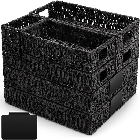 Marsui 9 Pcs Paper Rope Storage Baskets with Handle Labels Handwoven Multi-size Black Storage Bins for Organizing Small Baskets Container for Shelves Closet Pantry Toilet