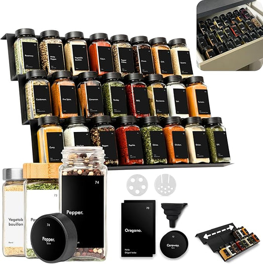 KIVY Spice Drawer Organizer with 24 Spice Jars & 240 Labels - Seasoning Rack for Organization - Kitchen Drawer Insert for Spice Jars - Glass Seasoning Jars with Airtight Lids - Glass Spice Jars Empty