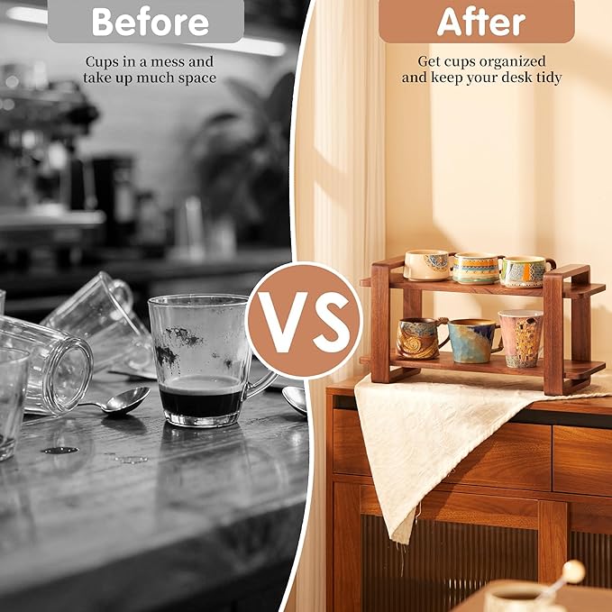 Coffee Station Organizer for Kitchen Countertop Mug Holder 2 Tier Wooden Cup Organizer Stand Shelf