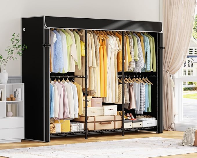 ULIFHOME E14C Pro Heavy Duty Closet Organizer System，Freestanding Clothing Racks for Hanging Clothes，Adjustable Garment Rack 70.1"W × 16.6"D × 76.4"H Hold 960 lbs，Black Rack with Black Dustproof Cover