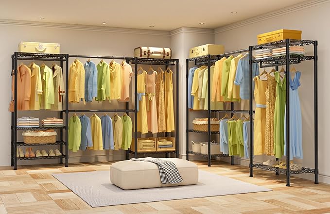 SEMHOR E06 Expandable Heavy Duty Clothes Rack for Reach-in Closet, Freestanding Clothing Racks with Shelves, Carbon Steel Closet Organizer System Adjustable from 70.8-93.9", Max Load 800LBS, Black