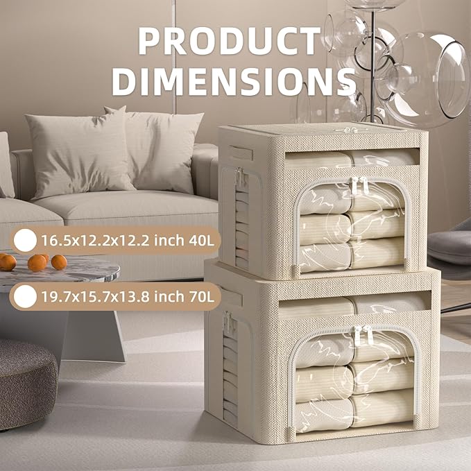 FHSQX 6 Pack Foldable Storage Bins for Clothes Clothes Storage Bins with Metal Frame Stackable Storage Box with Lid (Beige, 19.7x15.7x13.8 inch (70L))