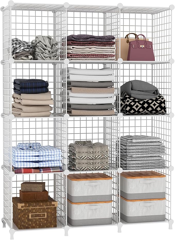 AWTATOS Wire Cube Storage Organizer, Closet Organizers and Storage, Metal 12 Cube Storage Shelves Bookshelf, Portable Closet Clothes Organizer for Bedroom, Home, Office, White